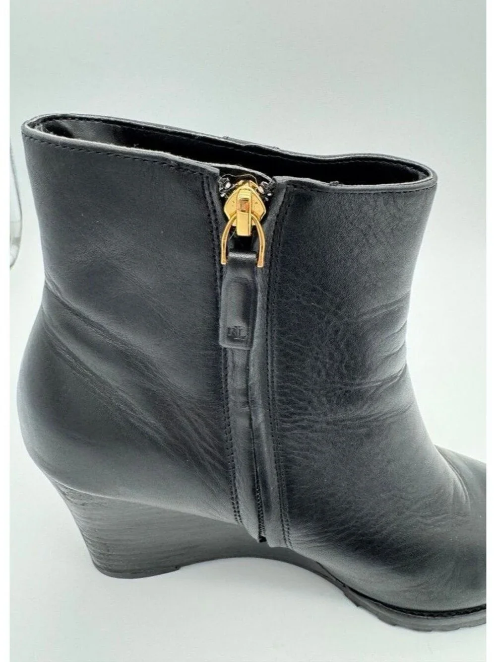 Lauren Ralph Lauren Shaley Black Leather Wedge Ankle Boots Gold Logo Women's 8